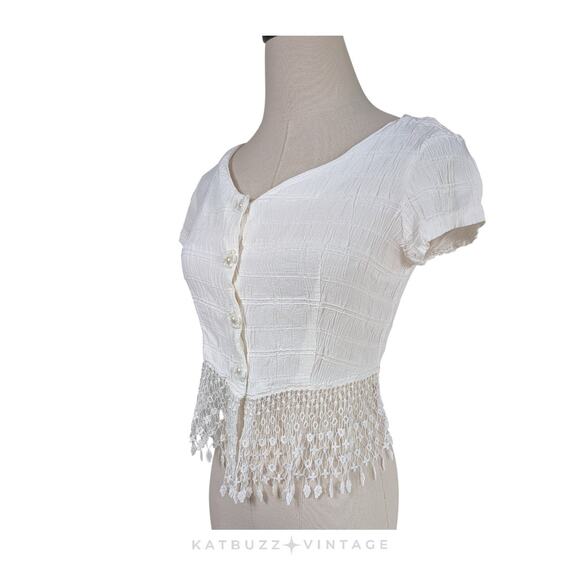 Vintage Crop Top White S Lace 90S Hippie Boho Crinkle Rayon Button Retro Cottage - Picture 1 of 11